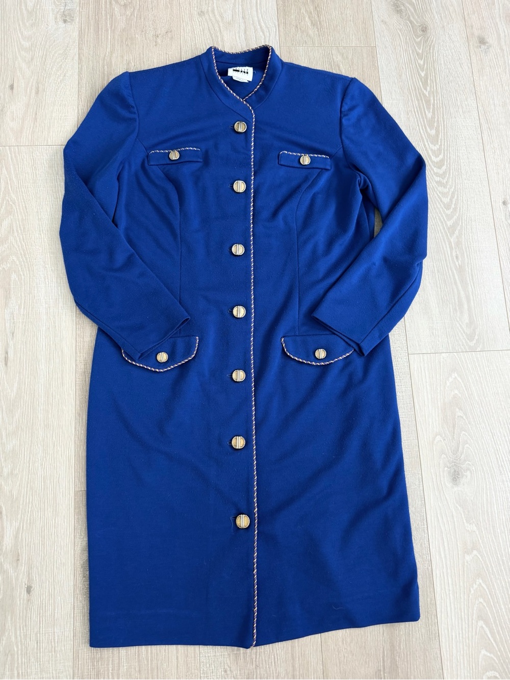 Vintage Leslie Fay Royal Blue Gold Button Coat Dress 80’s / 90’s